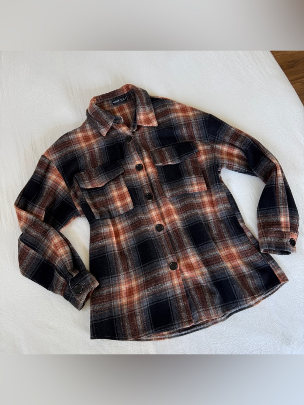 Black Orange Plaid Button-Down Thick Flannel Shirt